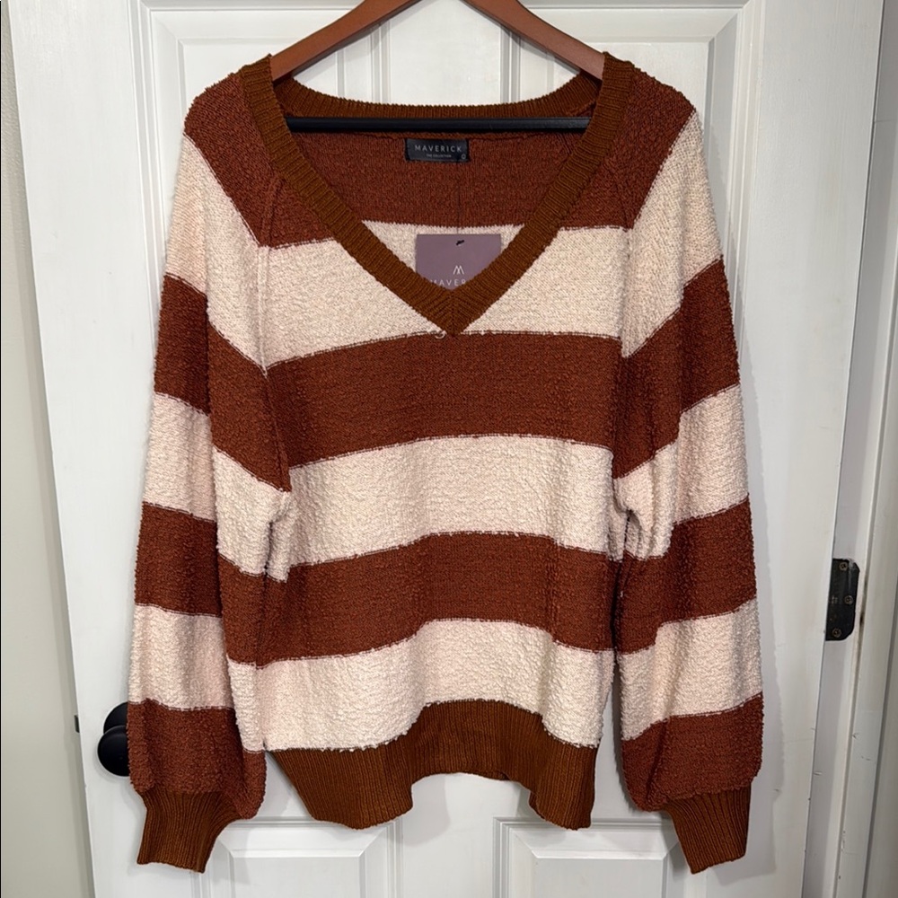 Cozy V-Neck Brown and Cream Striped Sweater